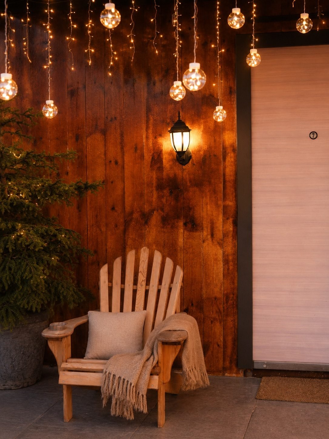 Warm cabin entrance with a wooden chair, blanket, and string lights for a self check-in stay near Tbilisi