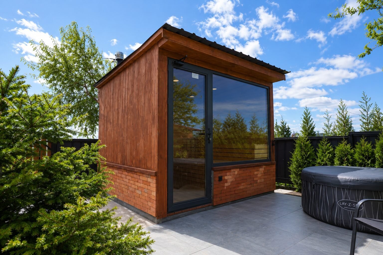Wooden cabin with glass door and outdoor Jacuzzi in a private yard at Sky Cabins Ranch near Tbilisi